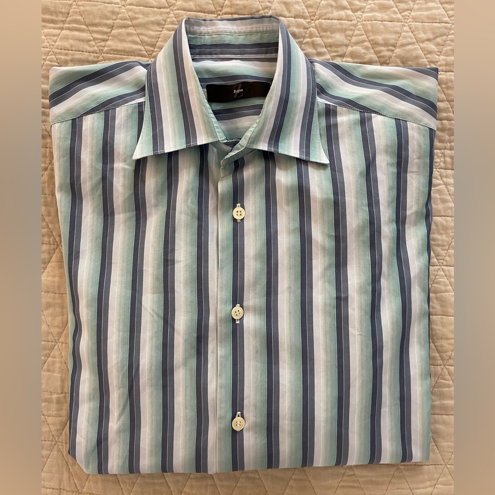 Ermenegildo Zegna Vintage Bold Stripe Spread Collar City Shirt in Blue 41/16